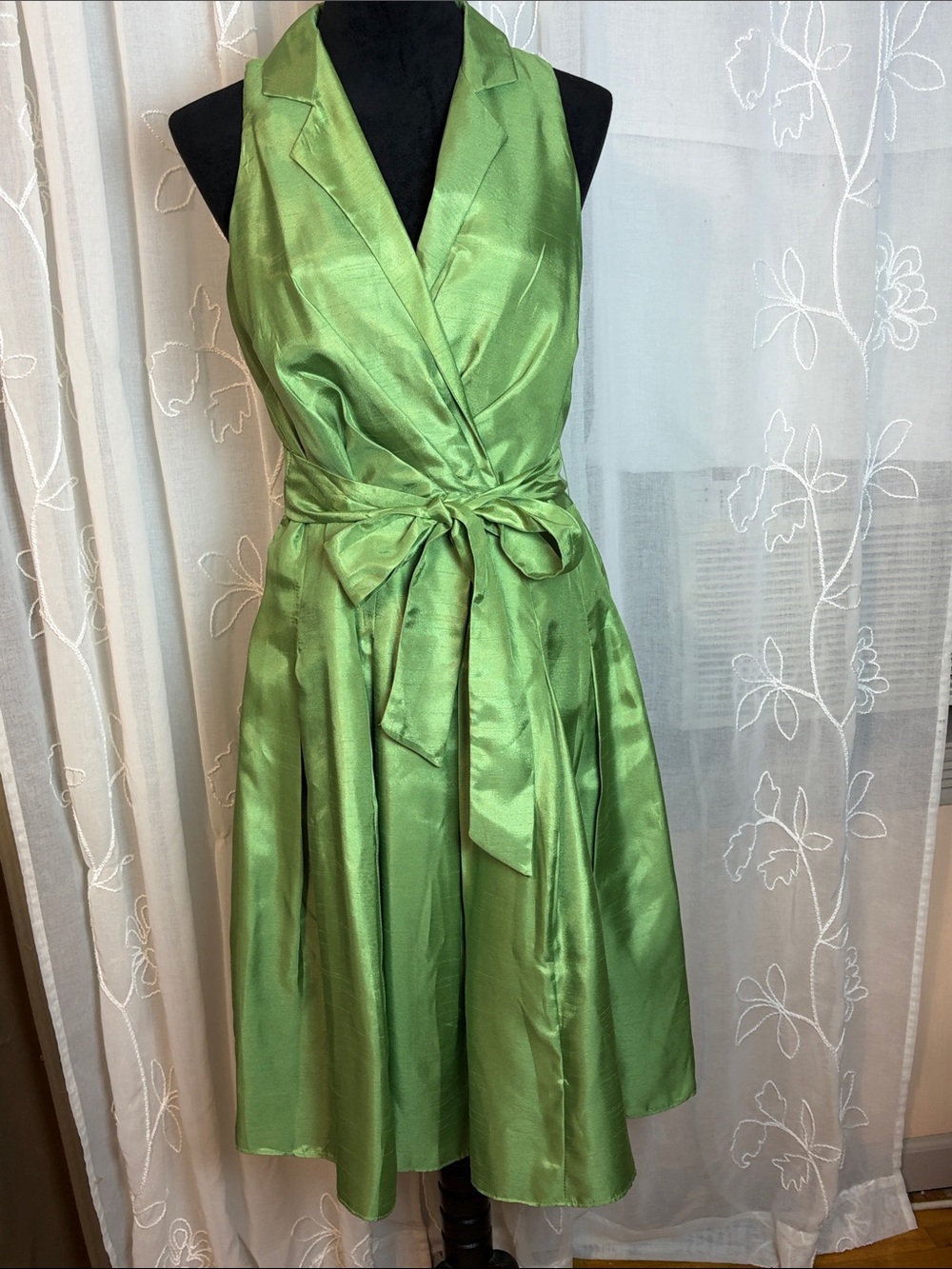 Vintage Evan Picone Sleeveless One-Shoulder Lime Green Satin Tie-Waist Dress 12